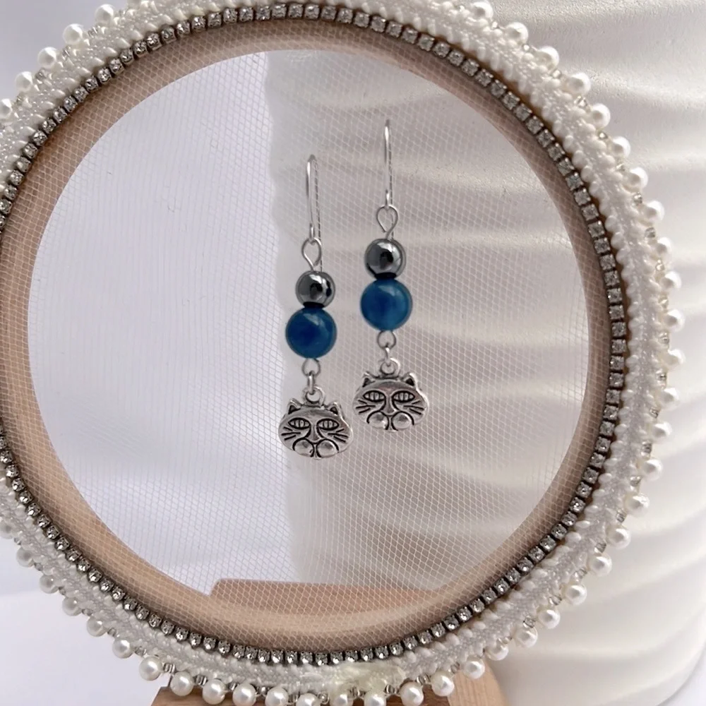 Dangle Earrings Hematite, Blue Jade and Cat Charms